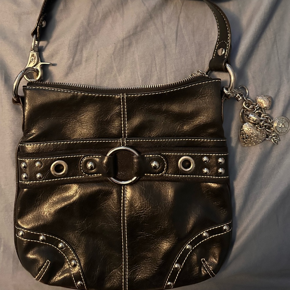 Black Leather Crossbody Bag with Metal Ring Detail
